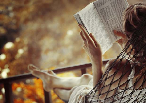 A woman reading a book on a hammock. A woman reading a book on a hammock.