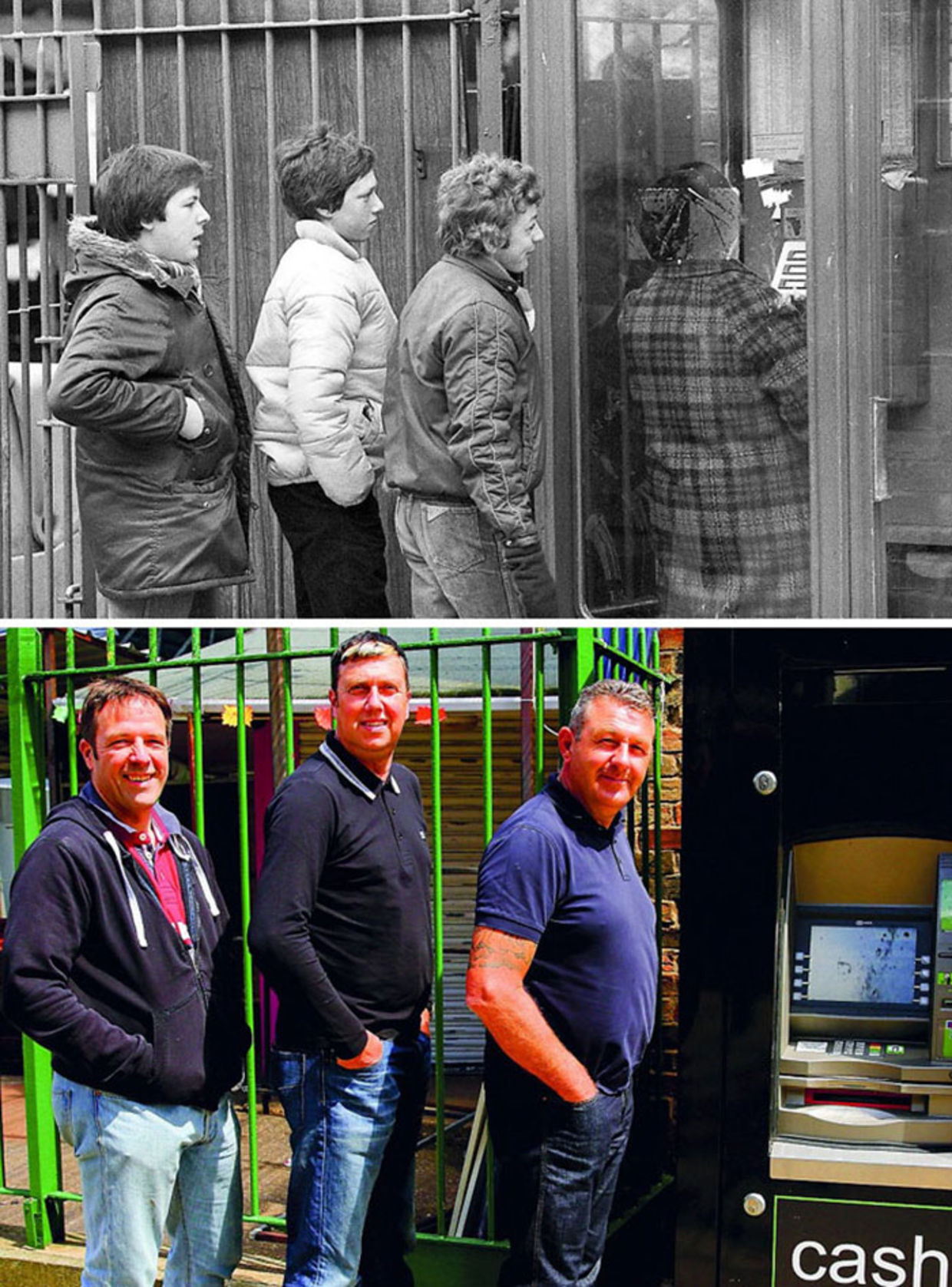 School friends John Morris, Paul Barnard and Andrew Pollard (l to r) were photgraphed queuing up to use the phone in Cattle Market Road. Until the second picture was taken, they hadn't seen each other for 32 years. (Chris Porsz) School friends John Morris, Paul Barnard and Andrew Pollard (l to r) were photgraphed queuing up to use the phone in Cattle Market Road. Until the second picture was taken, they hadn't seen each other for 32 years. (Chris Porsz)