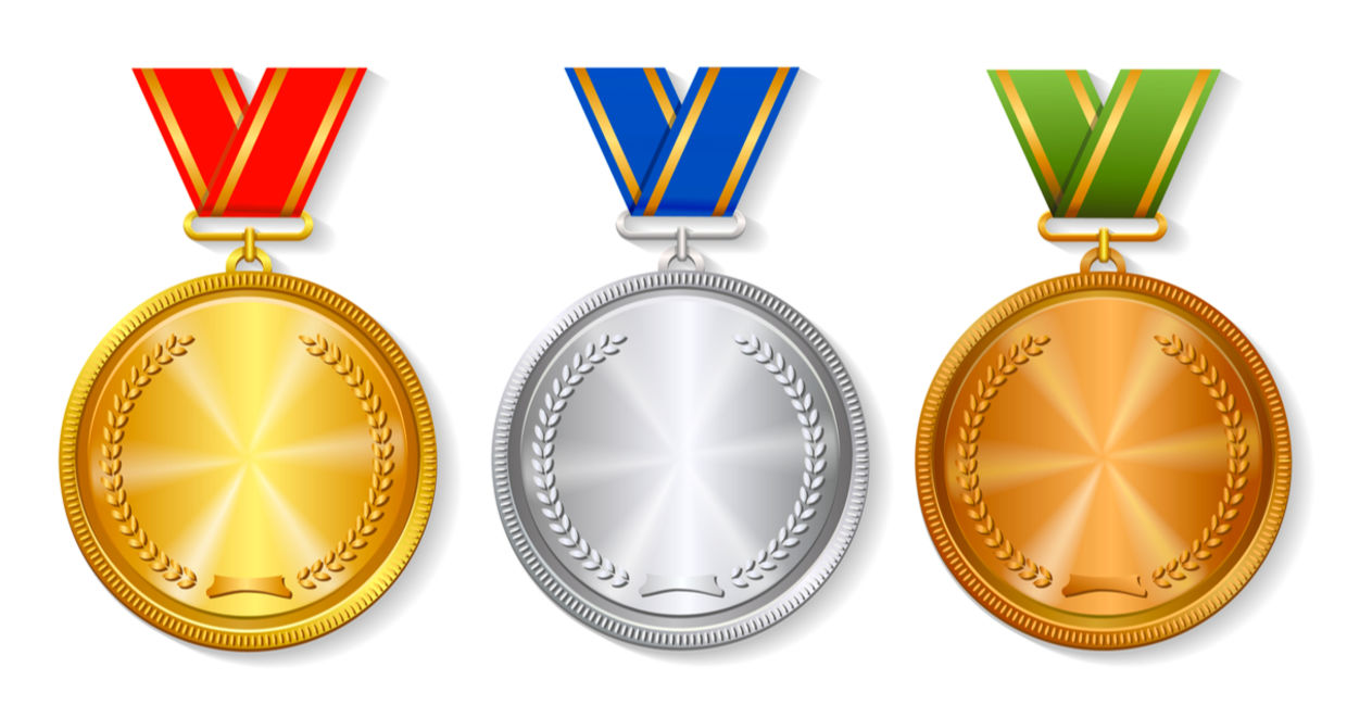 A set of gold, silver and bronze awards for the Olympics. A set of gold, silver and bronze awards for the Olympics.