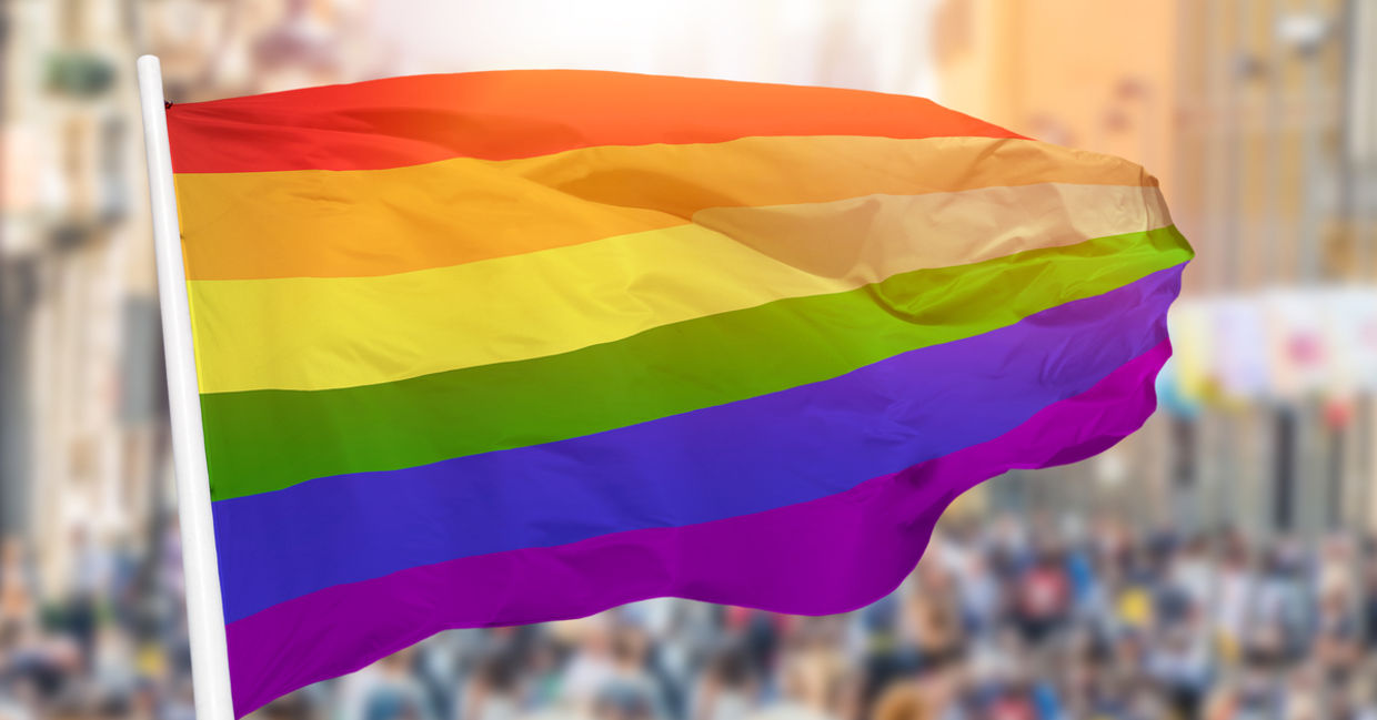 The rainbow flag at a Gay Pride parade.. The rainbow flag at a Gay Pride parade..