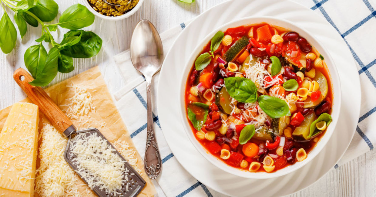 A bowl of homemade garbanzo soup with pasta. A bowl of homemade garbanzo soup with pasta.