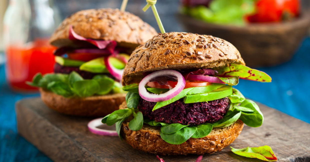 Beet and quinoa veggie burger helps promote heart health.. Beet and quinoa veggie burger helps promote heart health..
