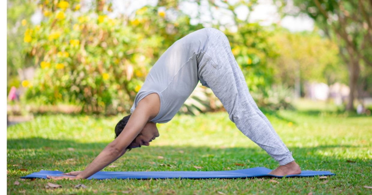 man in the downward facing dog yoga pose. man in the downward facing dog yoga pose.