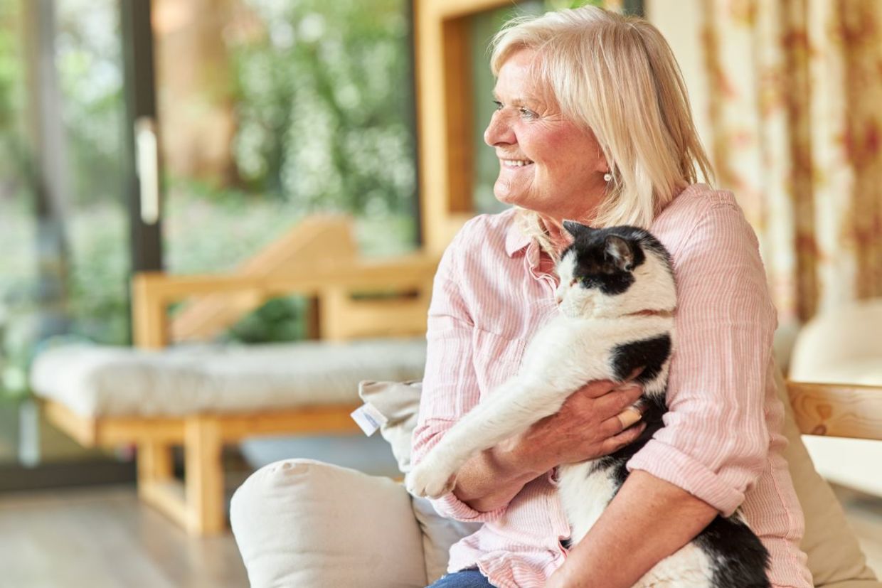 Senior woman cuddling a pet cat. Senior woman cuddling a pet cat.